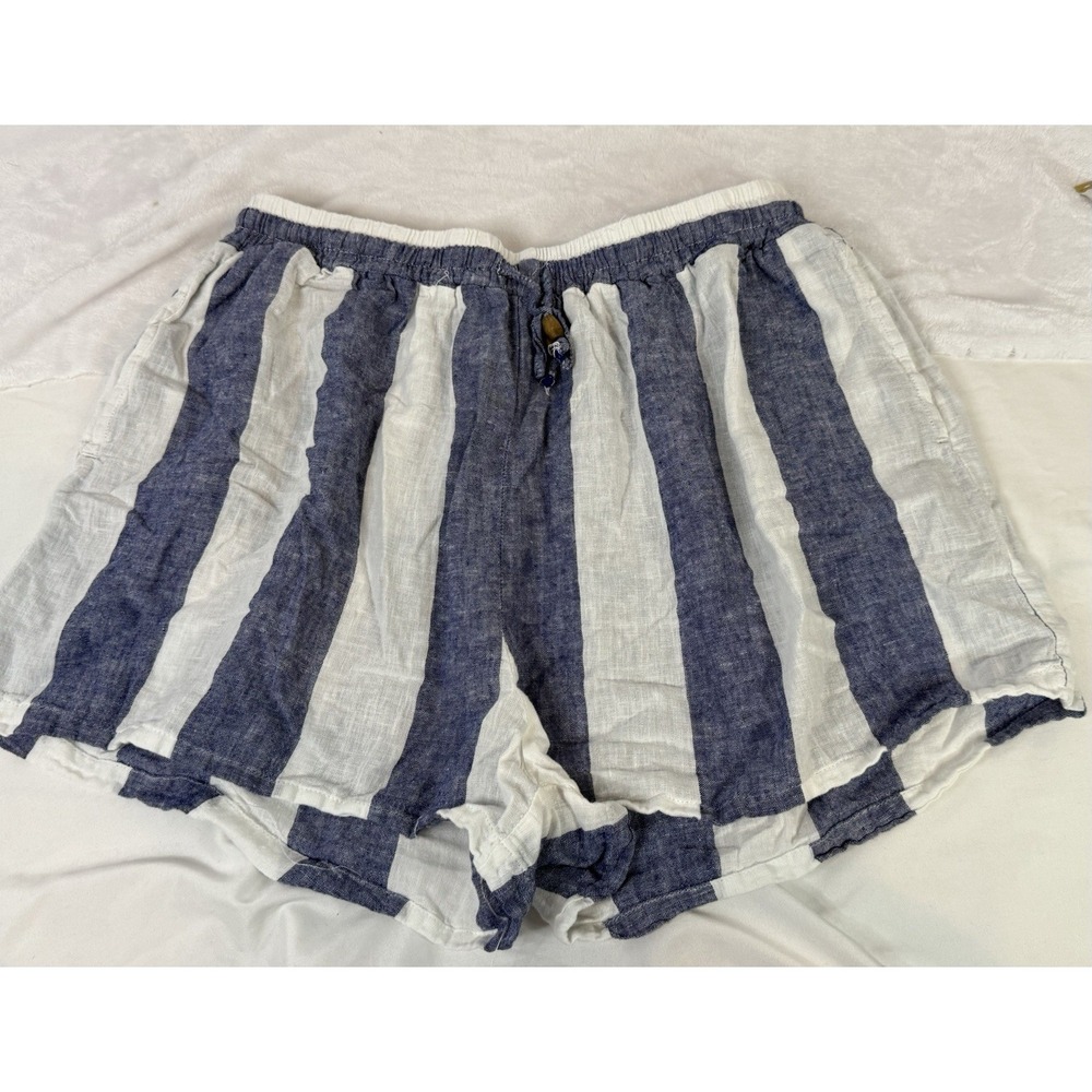 Blue Island Linen Shorts XL Blue White Stripe Elastic Waist Beach Boho Favorite - Picture 2 of 9